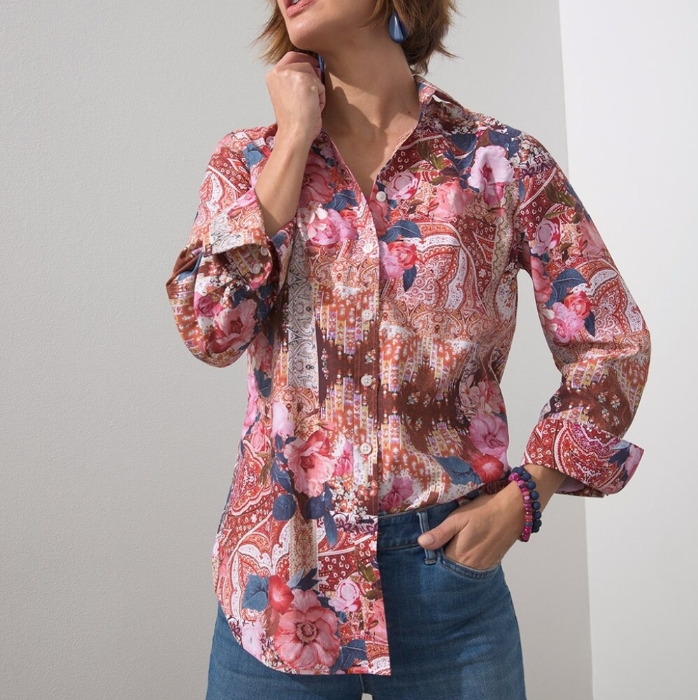 Chico's Tapestry No Iron Stretch Button Down Long Sleeve Shirt Size 3 Large